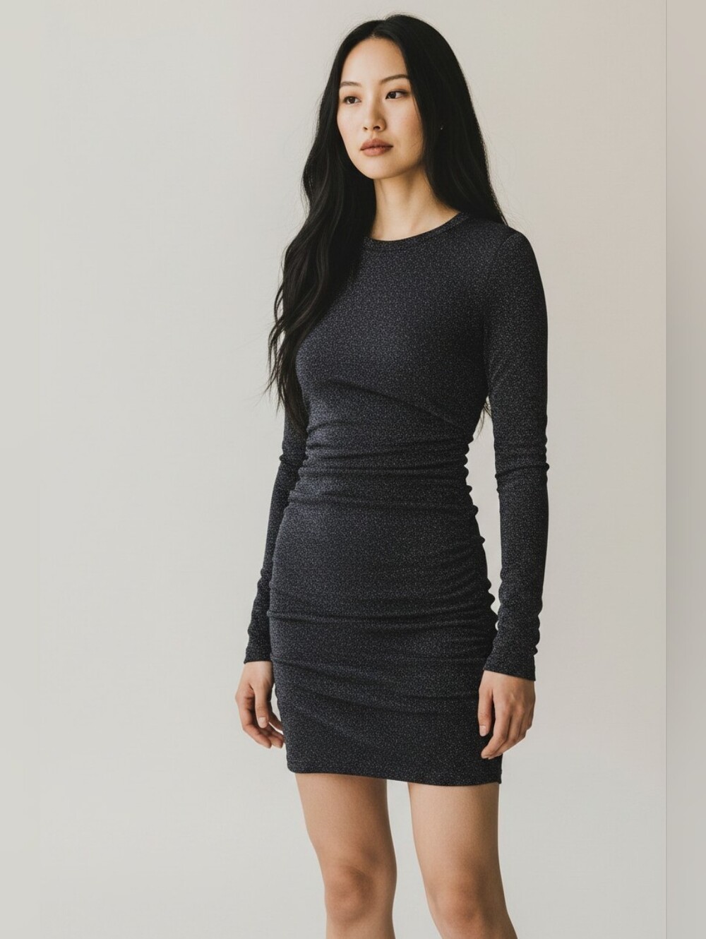 Lavender Brown Black Sparkle Ruched Long-Sleeve Bodycon Mini Dress